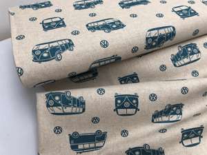 Fastvævet bomuld - deko stof med petrol VW biler, rest på 1,6 m